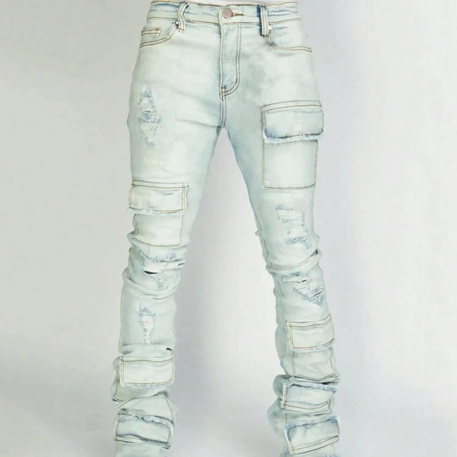 Stacked Jeans Men Ripped Raw Trim Stretch Fit Skinny Vintage Denim Pants Slim Fit Fashion Trousers Streetwear