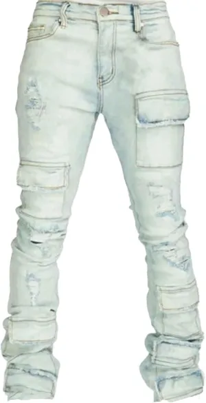 Stacked Jeans Men Ripped Raw Trim Stretch Fit Skinny Vintage Denim Pants Slim Fit Fashion Trousers Streetwear
