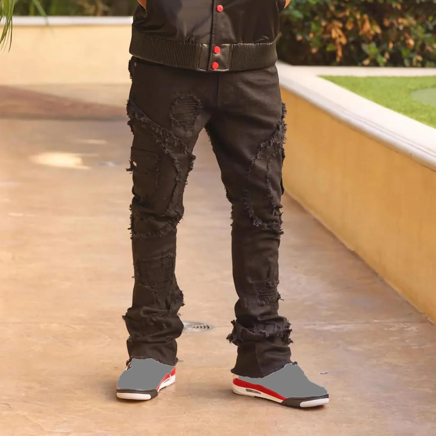 Stacked Jeans Men Ripped Raw Trim Stretch Fit Skinny Vintage Denim Pants Slim Fit Fashion Trousers Streetwear