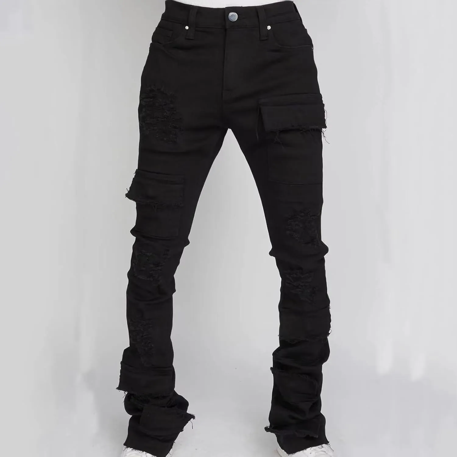 Stacked Jeans Men Ripped Raw Trim Stretch Fit Skinny Vintage Denim Pants Slim Fit Fashion Trousers Streetwear