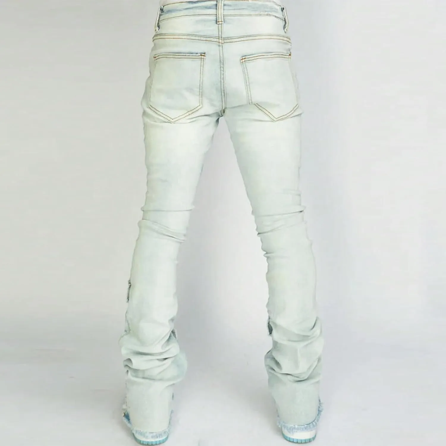 Stacked Jeans Men Ripped Raw Trim Stretch Fit Skinny Vintage Denim Pants Slim Fit Fashion Trousers Streetwear