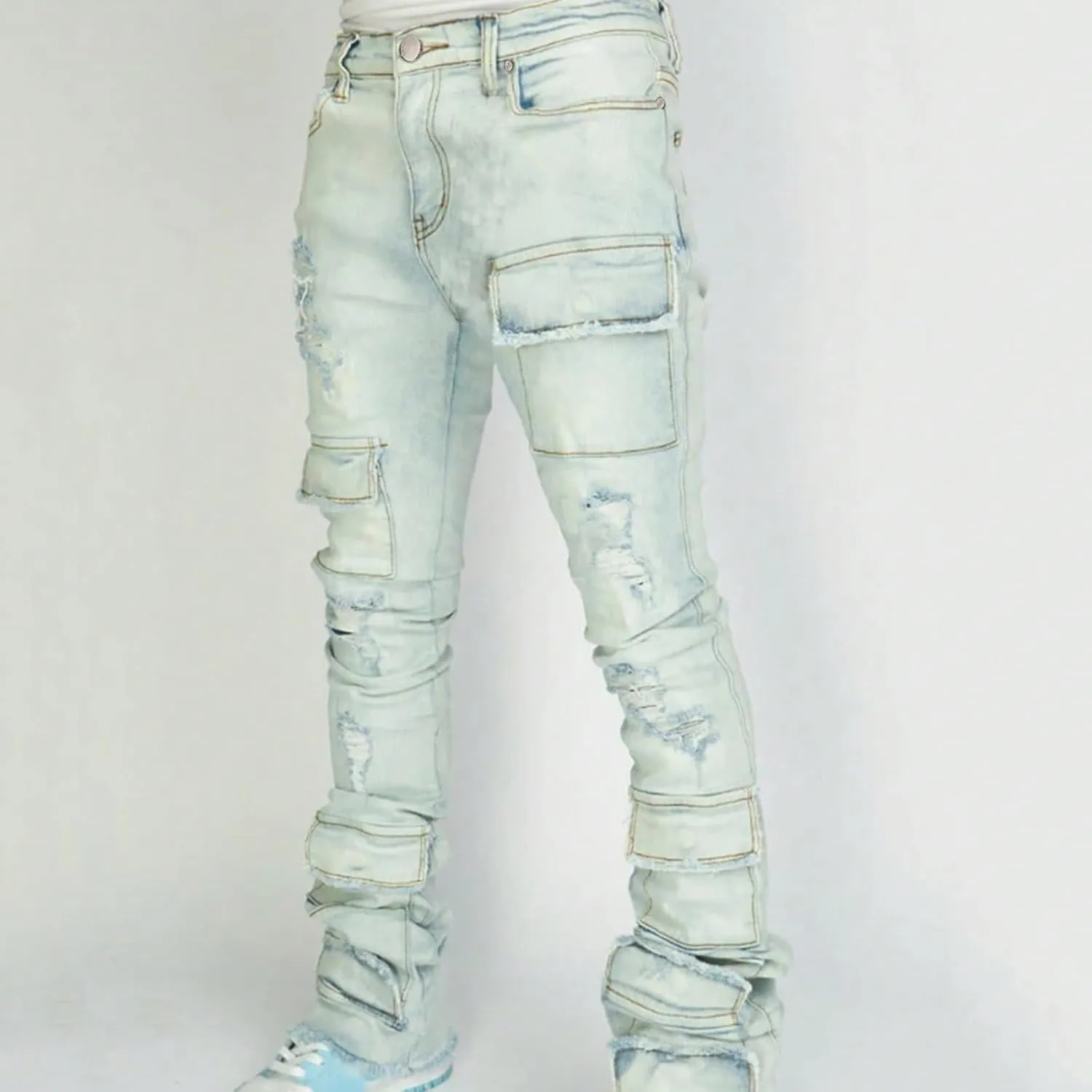 Stacked Jeans Men Ripped Raw Trim Stretch Fit Skinny Vintage Denim Pants Slim Fit Fashion Trousers Streetwear