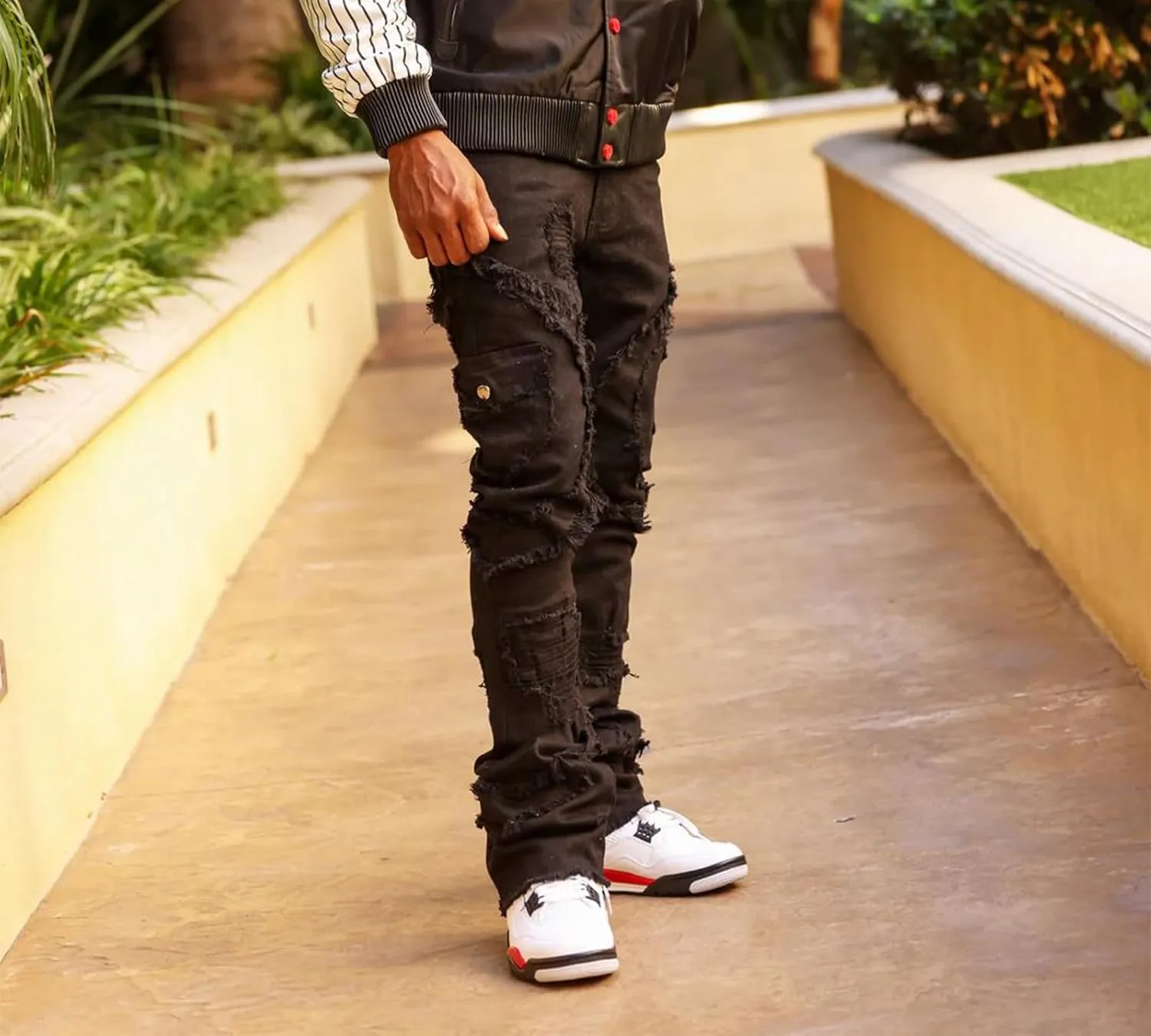 Stacked Jeans Men Ripped Raw Trim Stretch Fit Skinny Vintage Denim Pants Slim Fit Fashion Trousers Streetwear