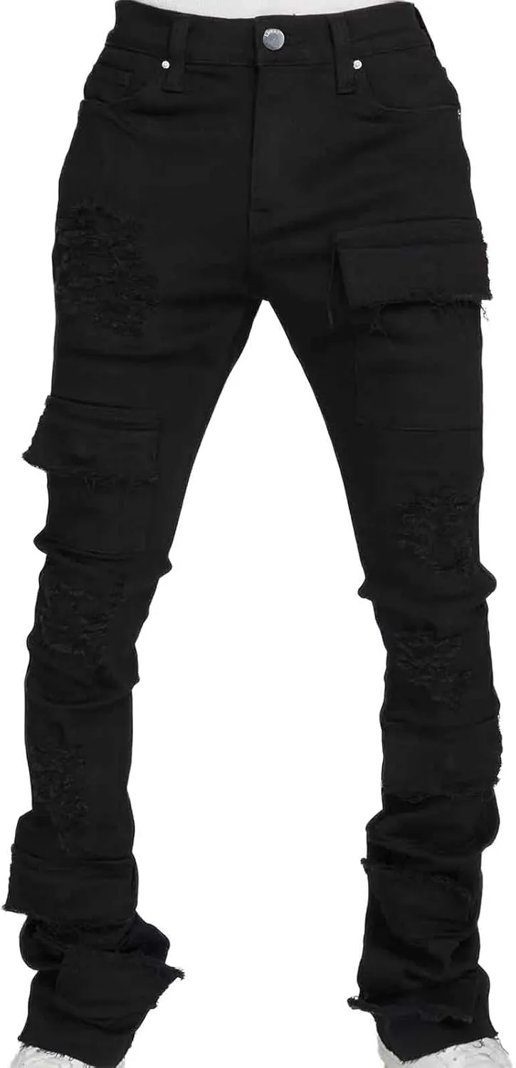 Stacked Jeans Men Ripped Raw Trim Stretch Fit Skinny Vintage Denim Pants Slim Fit Fashion Trousers Streetwear