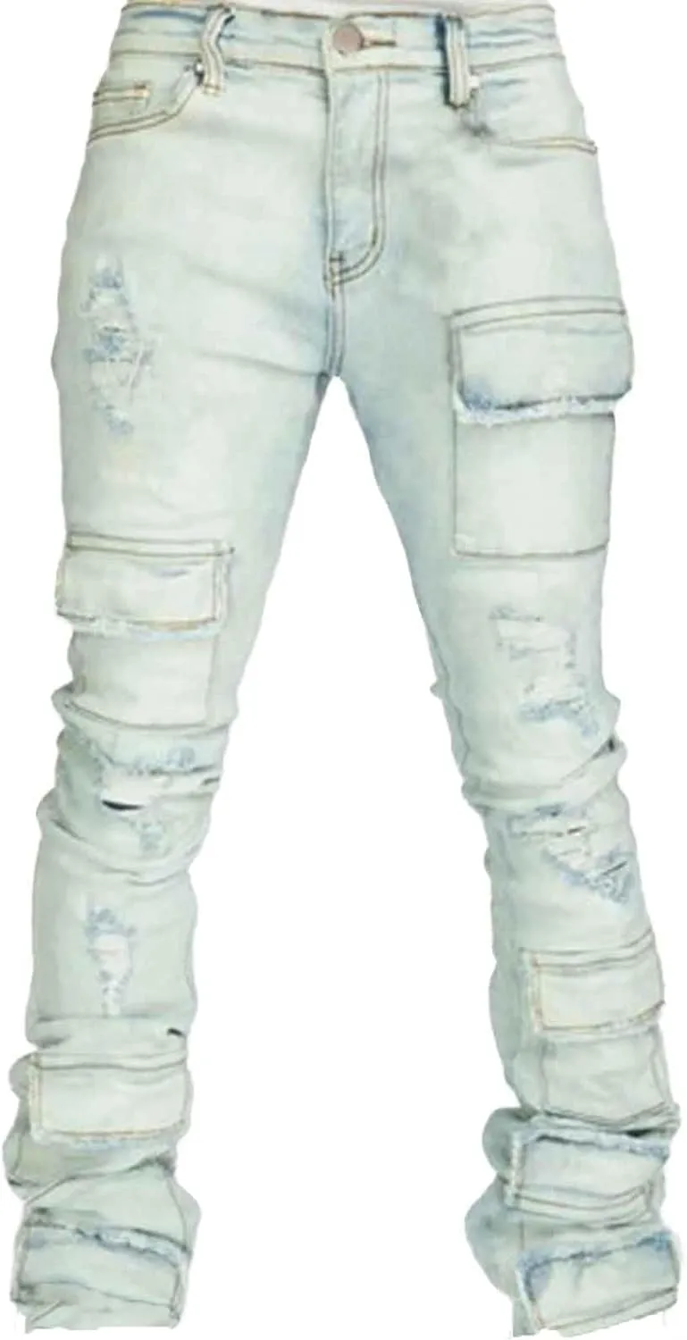 Stacked Jeans Men Ripped Raw Trim Stretch Fit Skinny Vintage Denim Pants Slim Fit Fashion Trousers Streetwear
