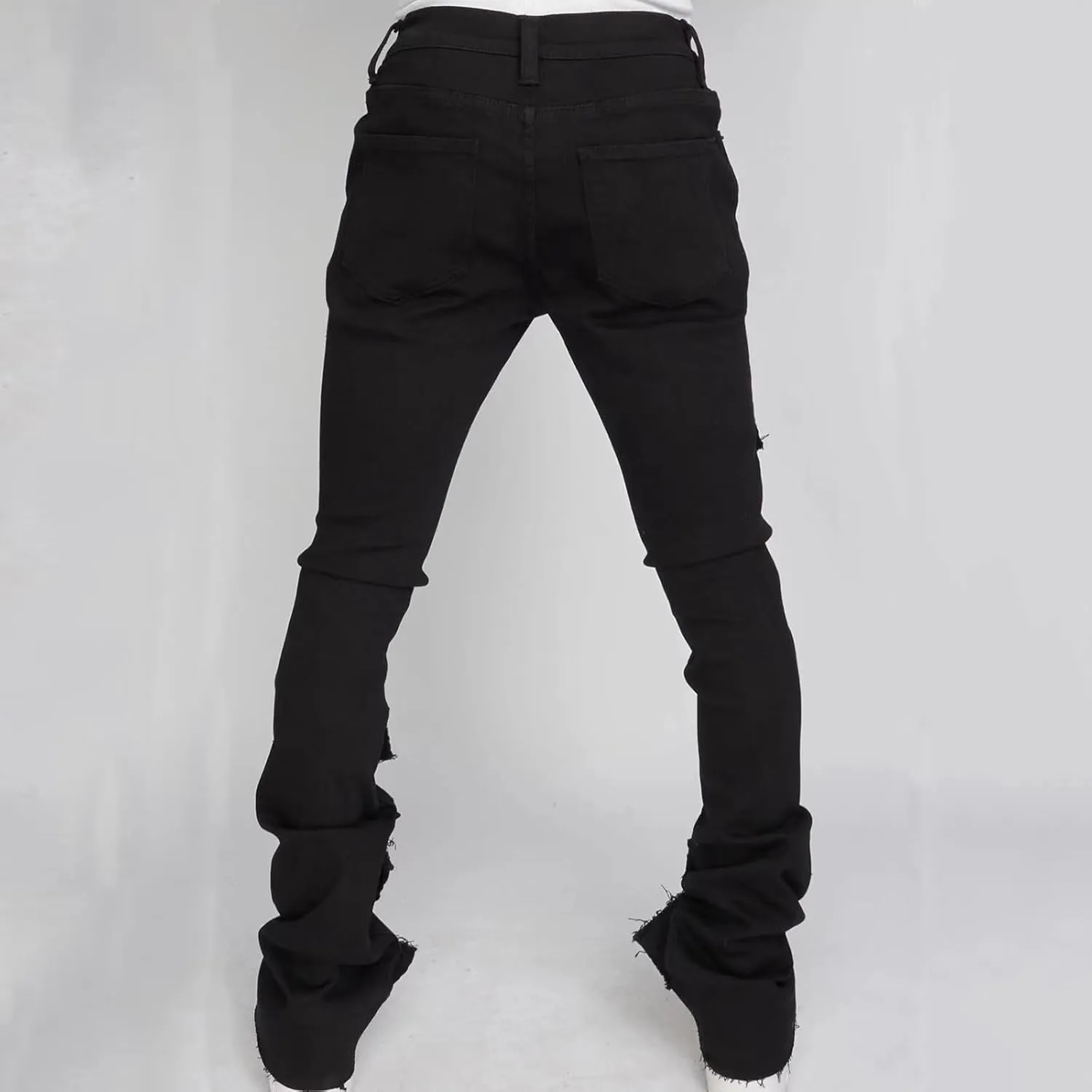 Stacked Jeans Men Ripped Raw Trim Stretch Fit Skinny Vintage Denim Pants Slim Fit Fashion Trousers Streetwear