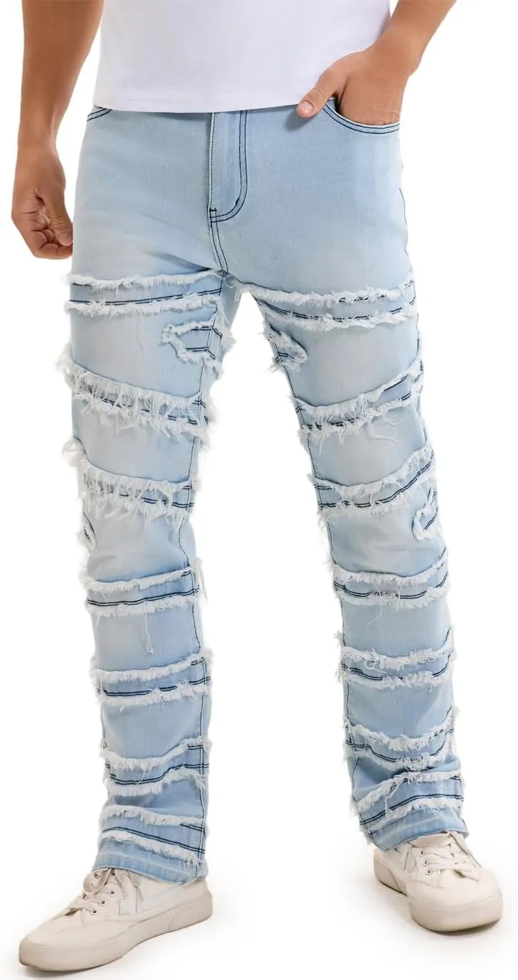 Stacked Jeans Men Slim Fit Stretch Flared Jeans for Men Casual and Stylish Denim Tear Pants