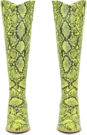 STALOV Snake Print Knee High Boots for Women Chunky Heel Pointed Toe Cowboy Boots Western Snakeskin Cowgirl Boots