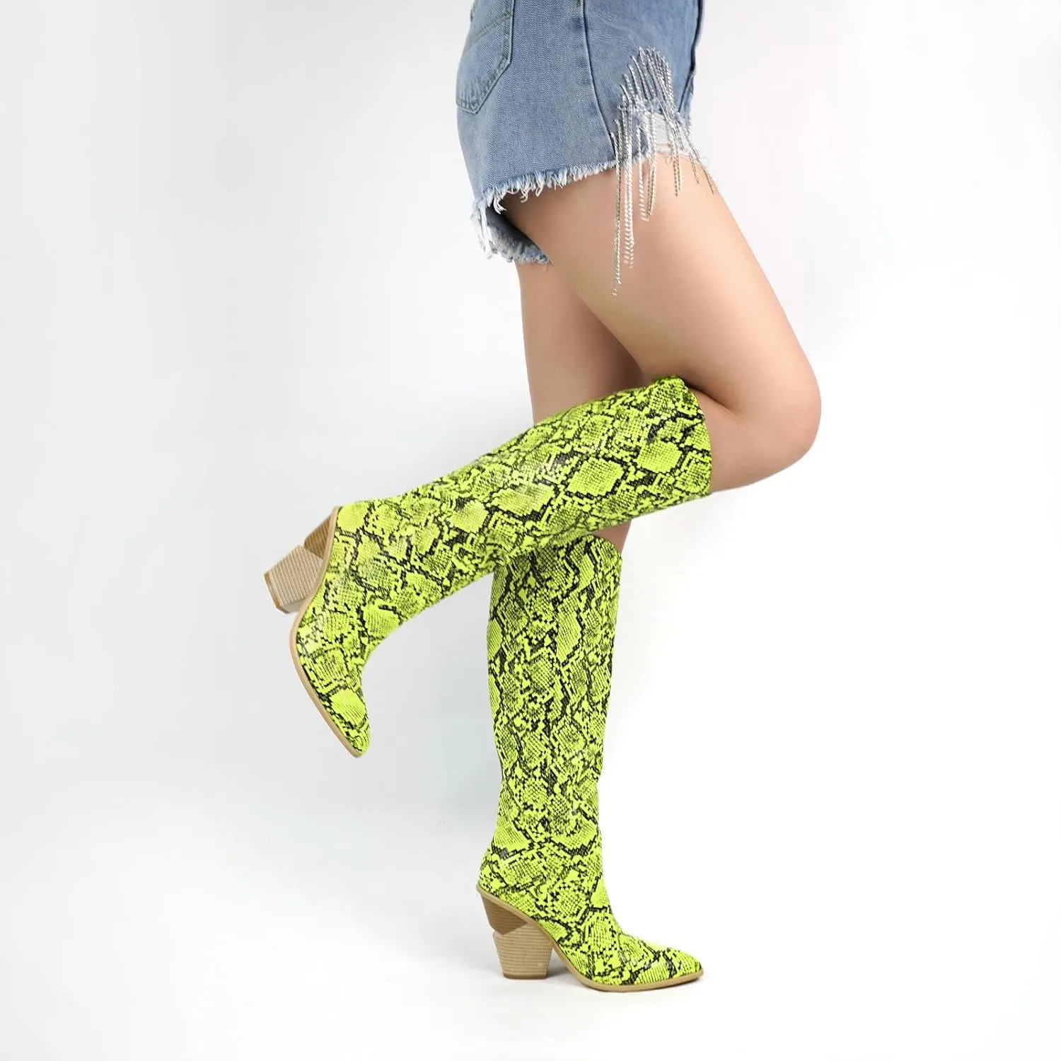 STALOV Snake Print Knee High Boots for Women Chunky Heel Pointed Toe Cowboy Boots Western Snakeskin Cowgirl Boots