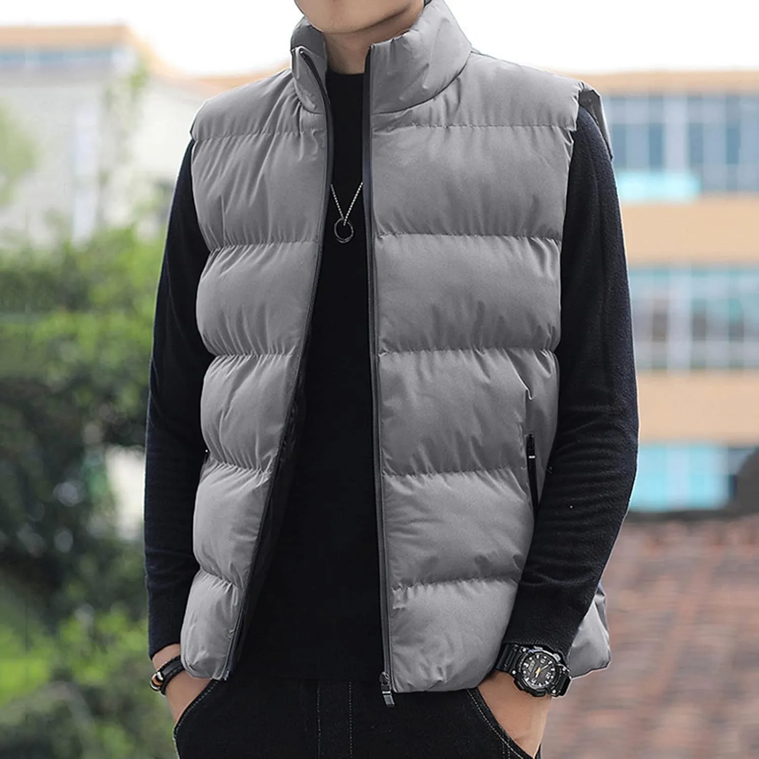 Stand Collar Puffer Vest for Men Winter Padded Sleeveless Quilted Thicken Down Vest Cotton Lightweight Gilet Jacket