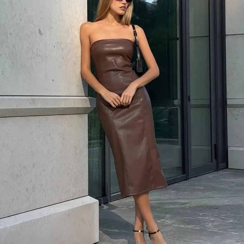 Strapless Slit Patchwork Faux Leather