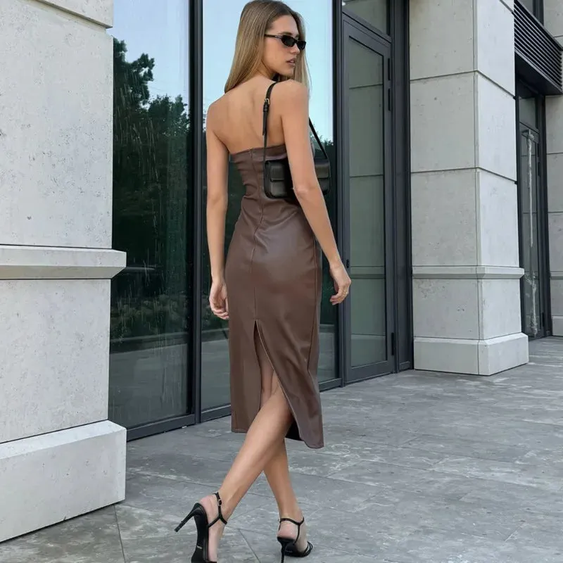 Strapless Slit Patchwork Faux Leather