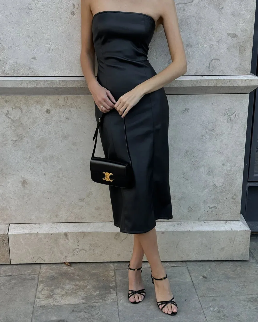 Strapless Slit Patchwork Faux Leather