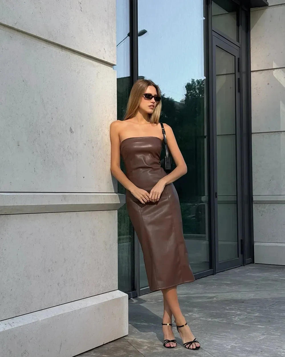 Strapless Slit Patchwork Faux Leather