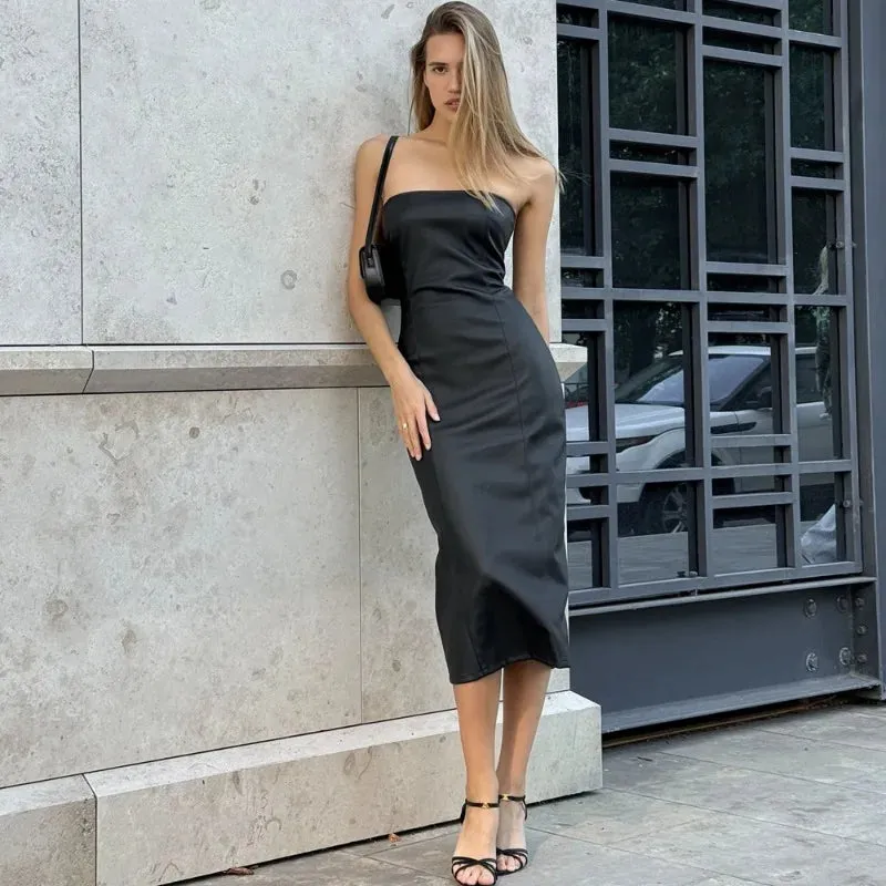 Strapless Slit Patchwork Faux Leather