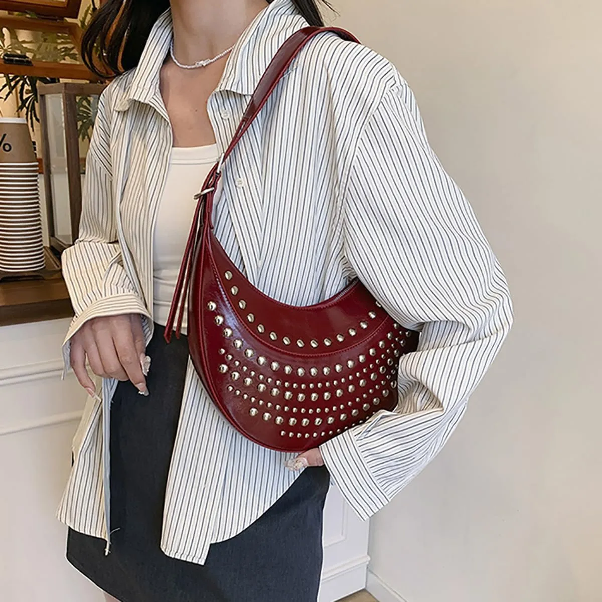 Studded Hobo Purse for Women Y2k Crescent Tote Bag Trendy Vegan Leather Shoulder Handbag 2025
