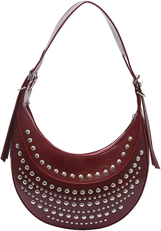 Studded Hobo Purse for Women Y2k Crescent Tote Bag Trendy Vegan Leather Shoulder Handbag 2025