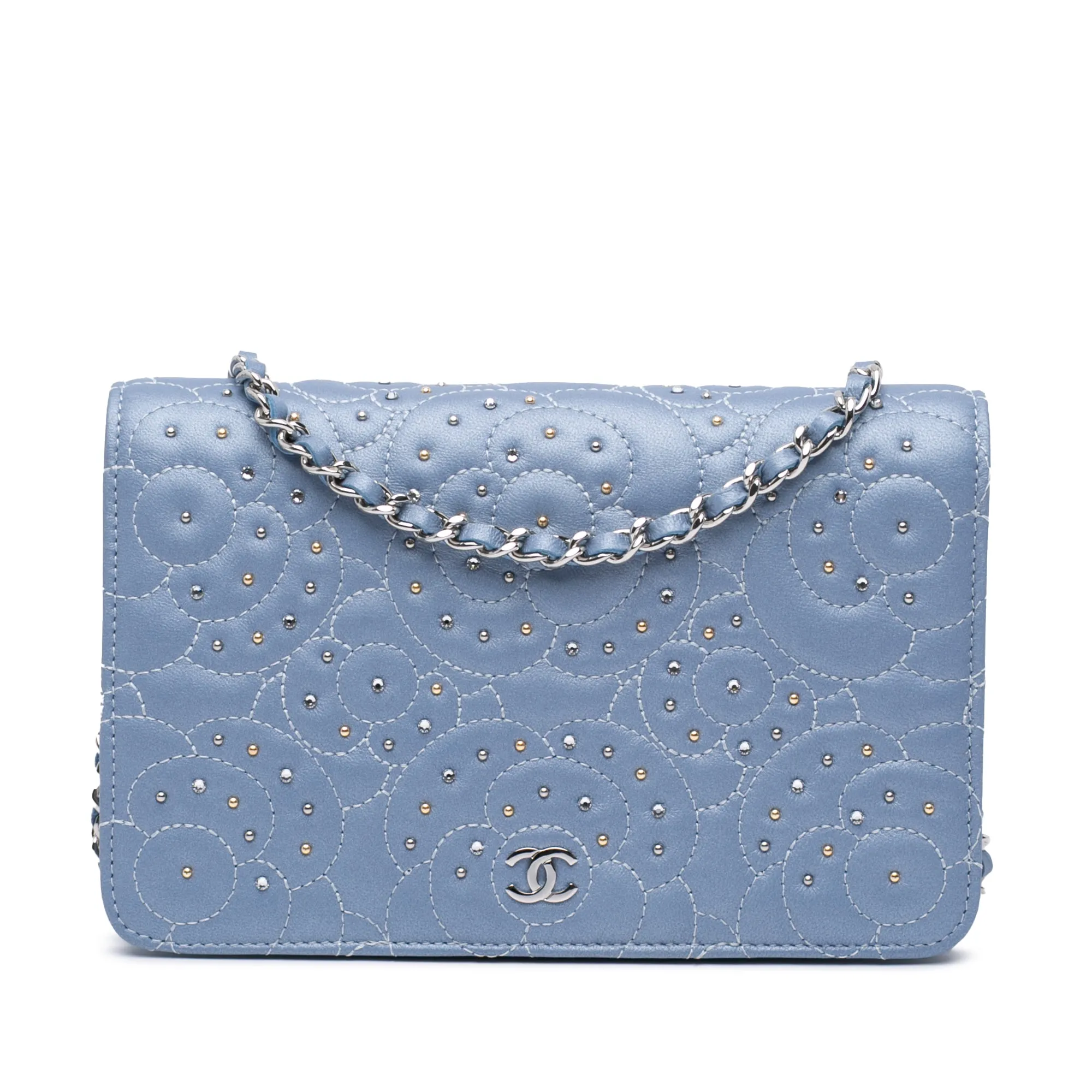 Studded Lambskin Camellia Wallet On Chain