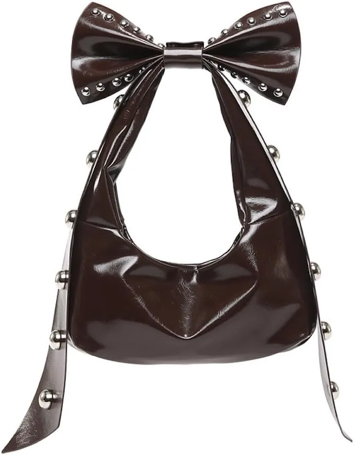 Studded Leather Shoulder Purses for Women Punk Rock 2000s Y2k Bow Purse Handbags Trendy Purse 2025