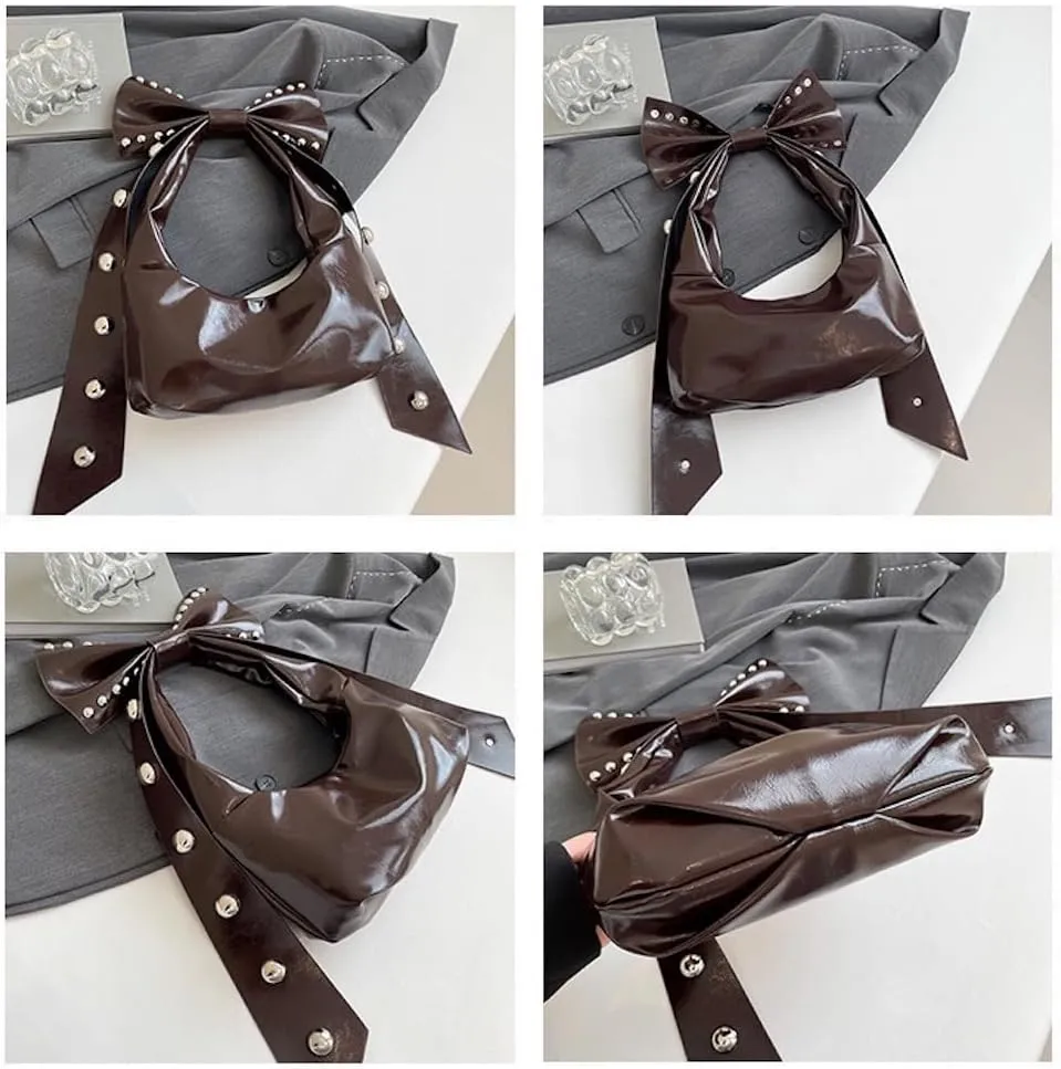 Studded Leather Shoulder Purses for Women Punk Rock 2000s Y2k Bow Purse Handbags Trendy Purse 2025