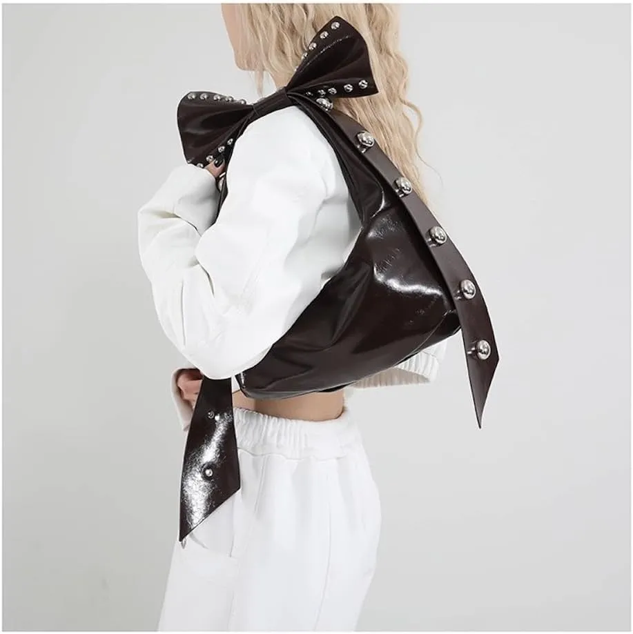 Studded Leather Shoulder Purses for Women Punk Rock 2000s Y2k Bow Purse Handbags Trendy Purse 2025