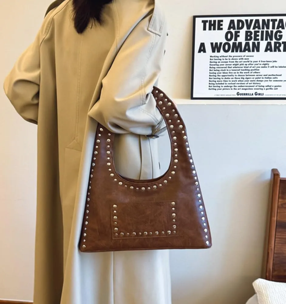 Studded Purses for Women Vegan Leather Handbag Vintage Y2K Tote Purse Stud Crescent Shoulder Bag Underarm Bag 2025