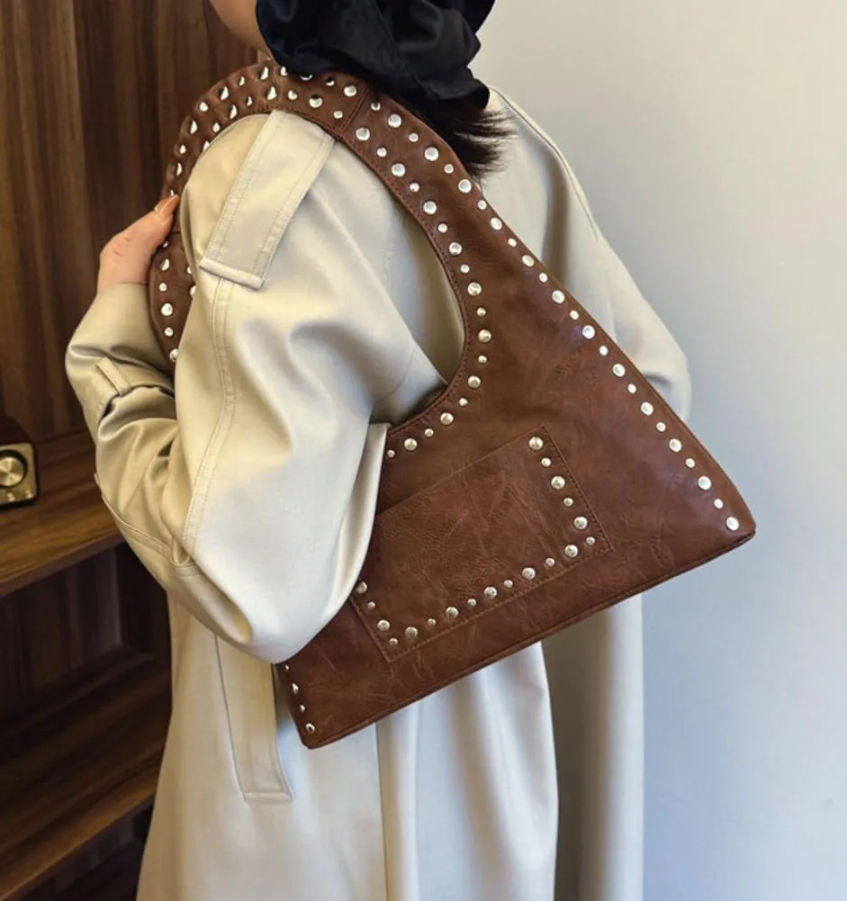 Studded Purses for Women Vegan Leather Handbag Vintage Y2K Tote Purse Stud Crescent Shoulder Bag Underarm Bag 2025