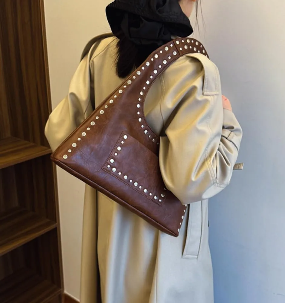 Studded Purses for Women Vegan Leather Handbag Vintage Y2K Tote Purse Stud Crescent Shoulder Bag Underarm Bag 2025