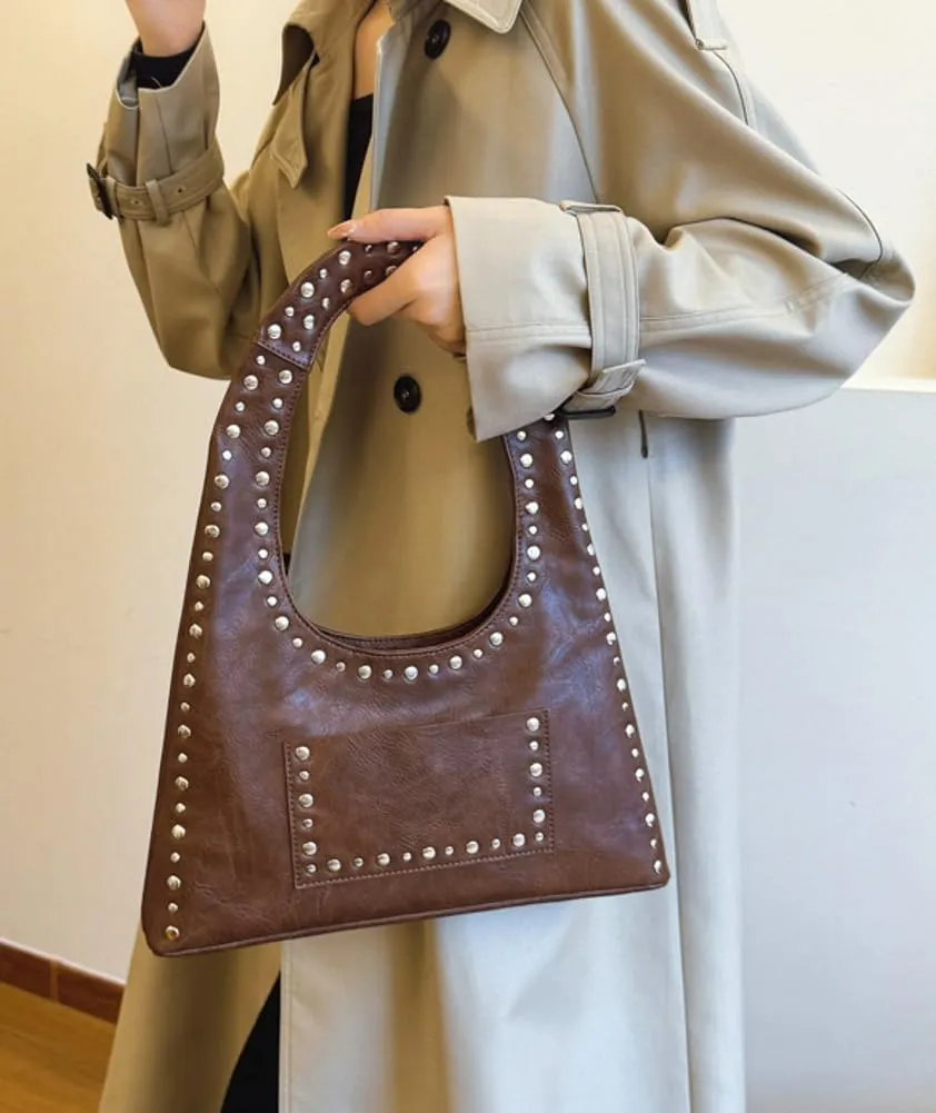 Studded Purses for Women Vegan Leather Handbag Vintage Y2K Tote Purse Stud Crescent Shoulder Bag Underarm Bag 2025