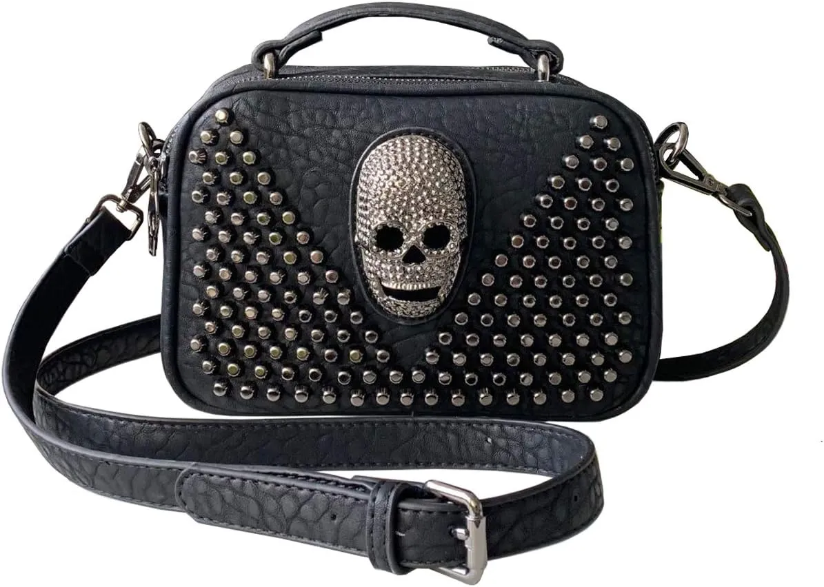 Studded Skull Shoulder Bag for Women Small Leather Rivet Crossbody Boston Bag
