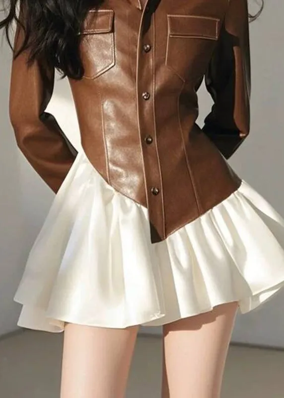 Stylish Coffee Asymmetrical Patchwork Leather Button Faux