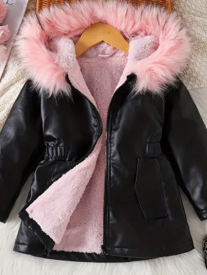 Stylish PU Leather Faux Fur Collar Jacket for Girls - Aiza