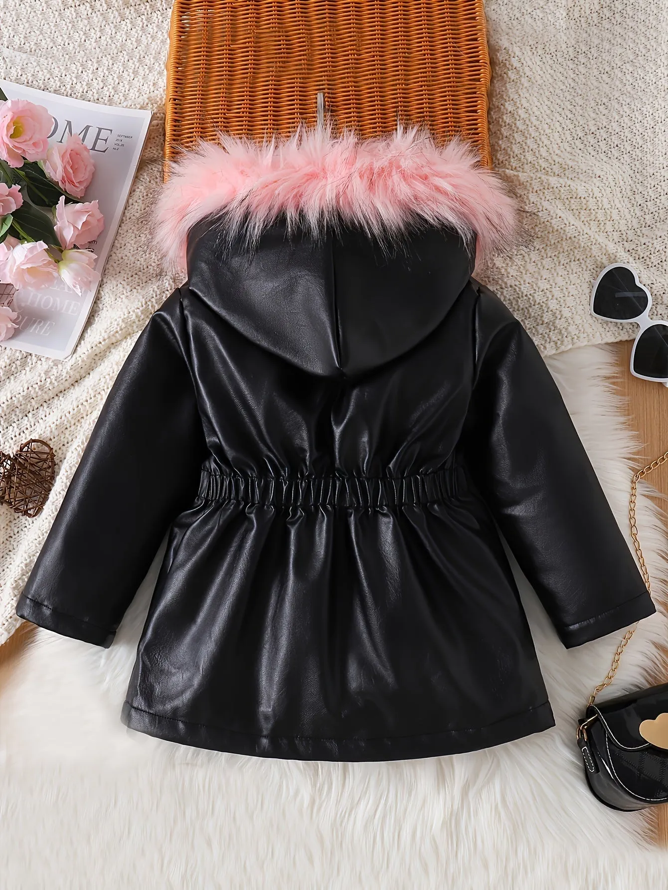 Stylish PU Leather Faux Fur Collar Jacket for Girls - Aiza