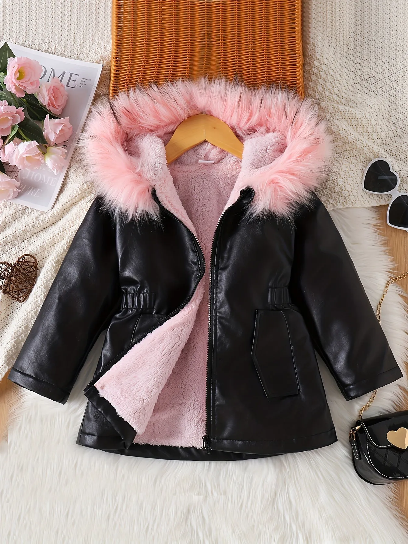 Stylish PU Leather Faux Fur Collar Jacket for Girls - Aiza