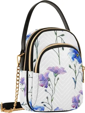 SUABO Crossbody Bag for Women, Blue Purple Flax Flower 003 Phone Purse Detachable Chain Bag Shoulder Handbag Wallet