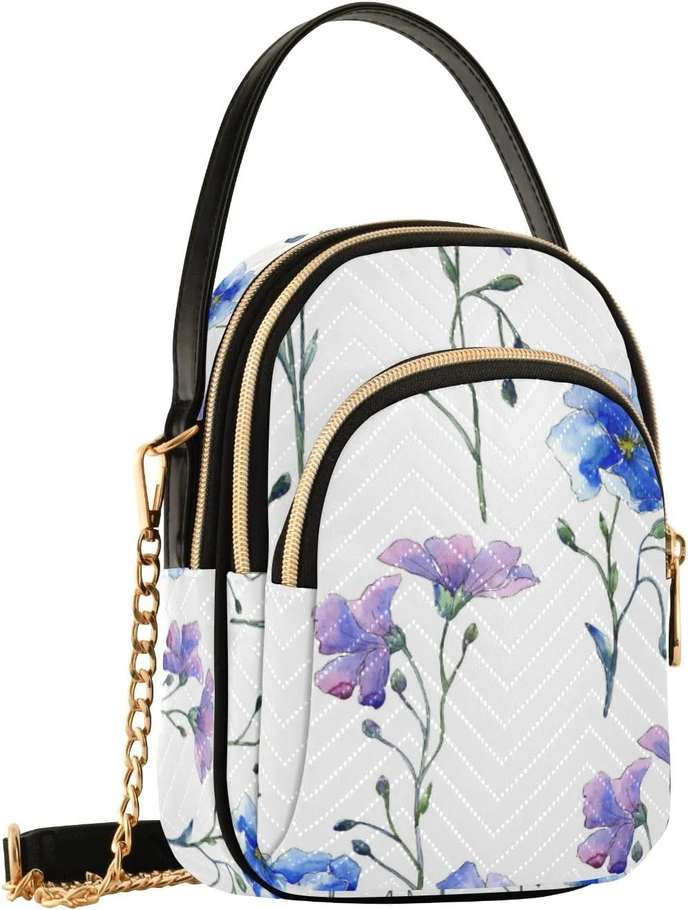 SUABO Crossbody Bag for Women, Blue Purple Flax Flower 003 Phone Purse Detachable Chain Bag Shoulder Handbag Wallet