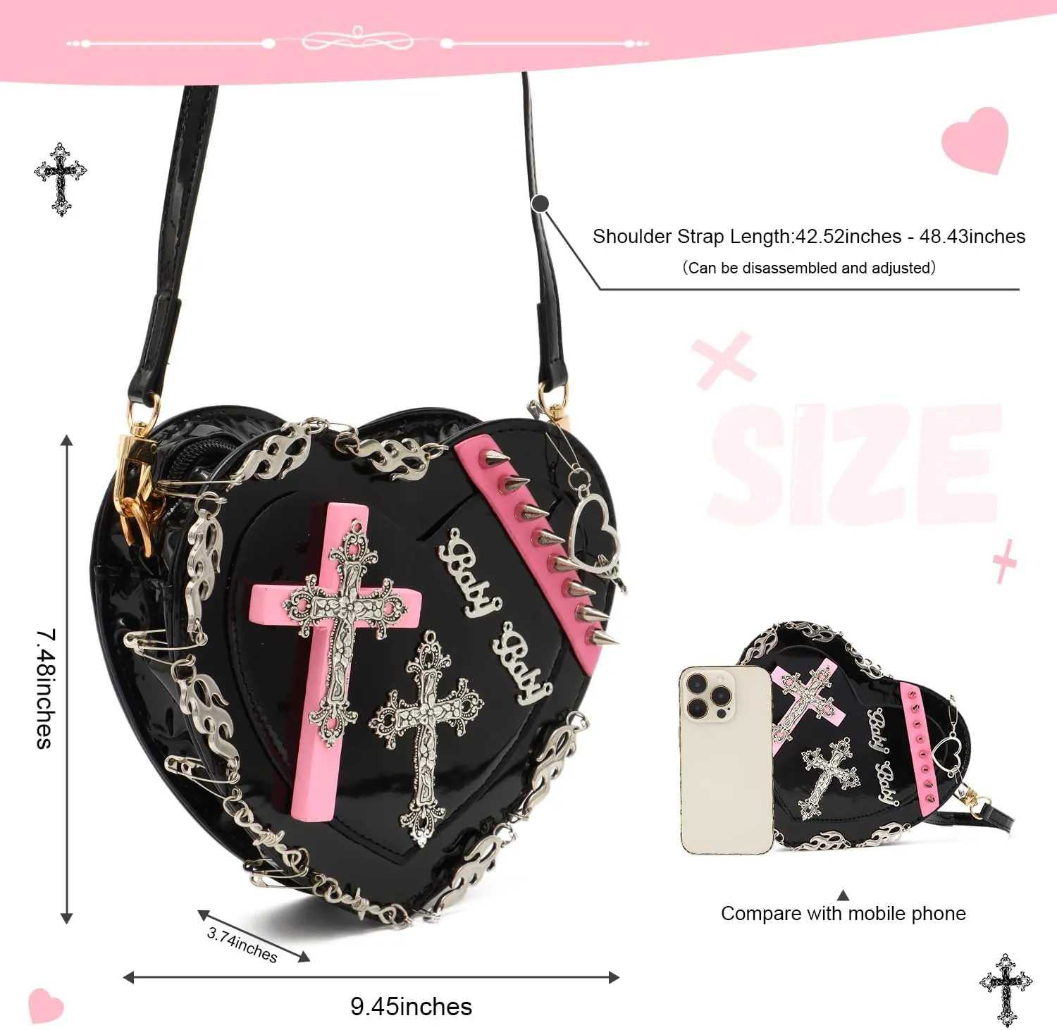 SUKUTU Women Gothic Punk Crossbody Bag Cute Heart Shaped Studded Shoulder Bag Purse