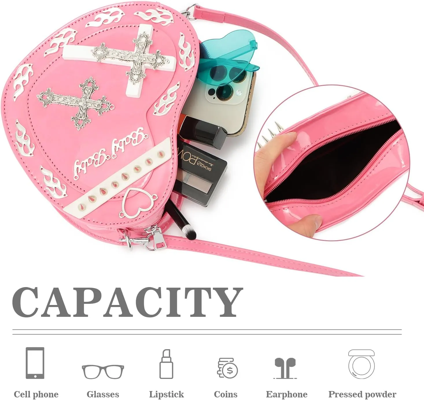 SUKUTU Women Gothic Punk Crossbody Bag Cute Heart Shaped Studded Shoulder Bag Purse