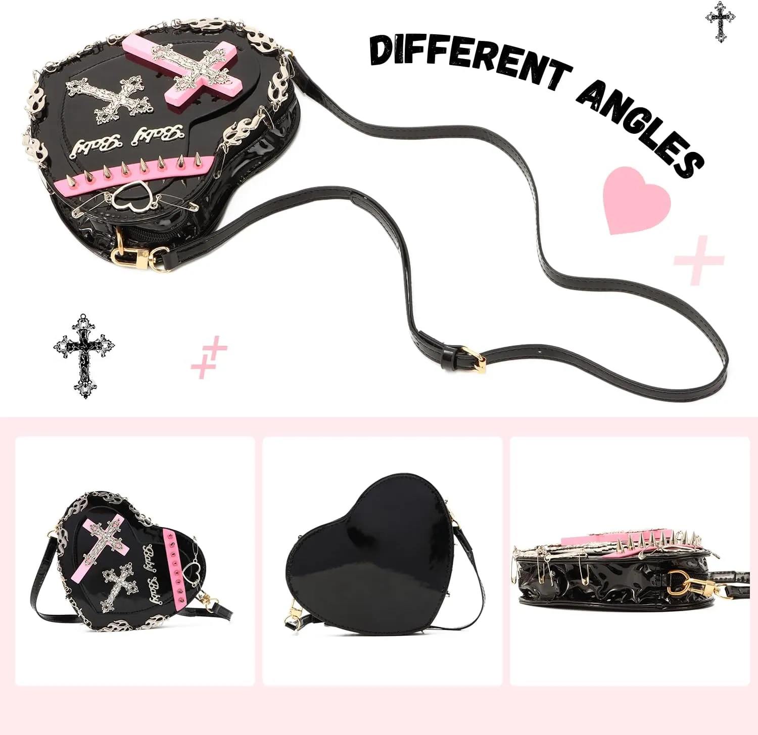 SUKUTU Women Gothic Punk Crossbody Bag Cute Heart Shaped Studded Shoulder Bag Purse
