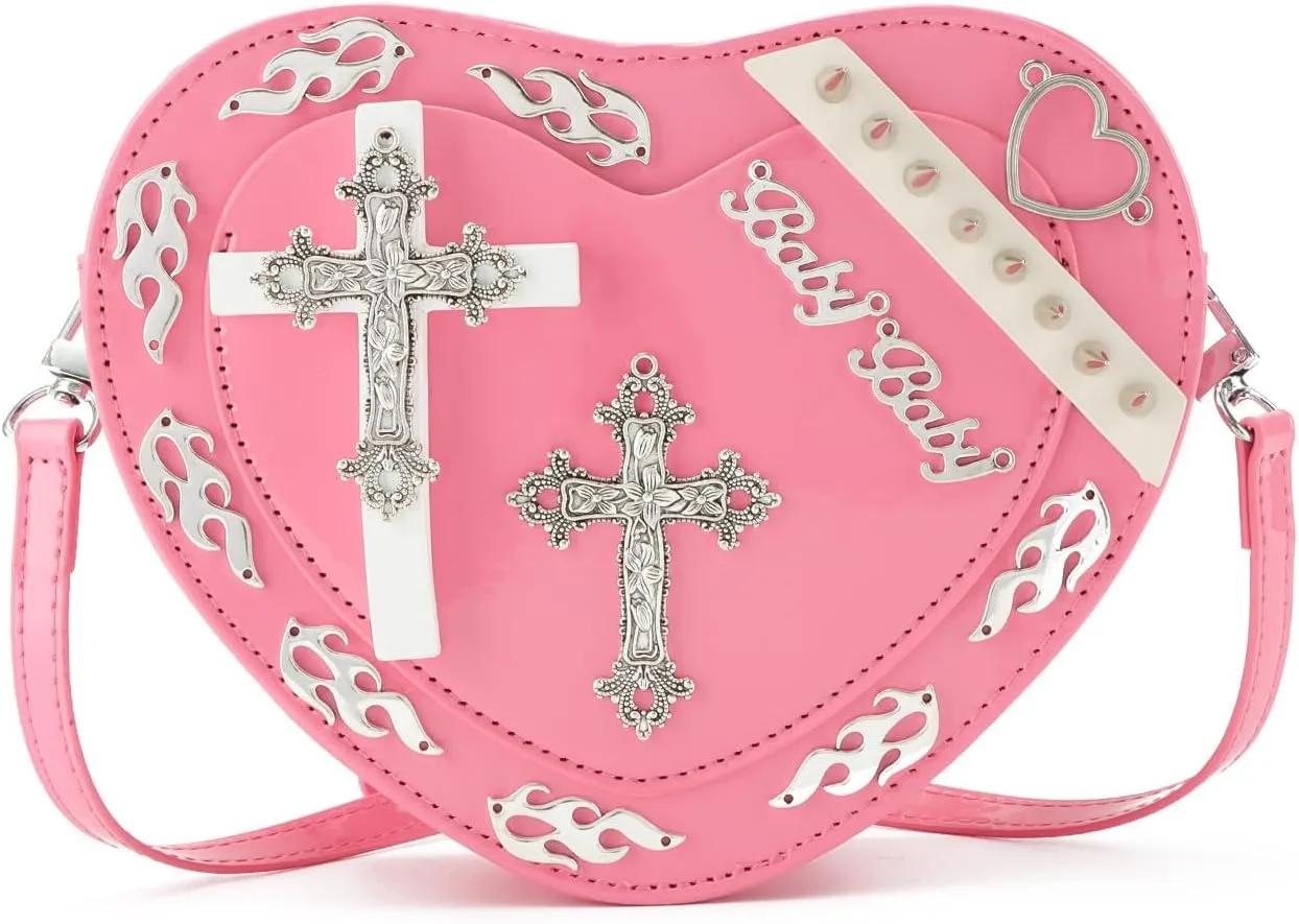 SUKUTU Women Gothic Punk Crossbody Bag Cute Heart Shaped Studded Shoulder Bag Purse