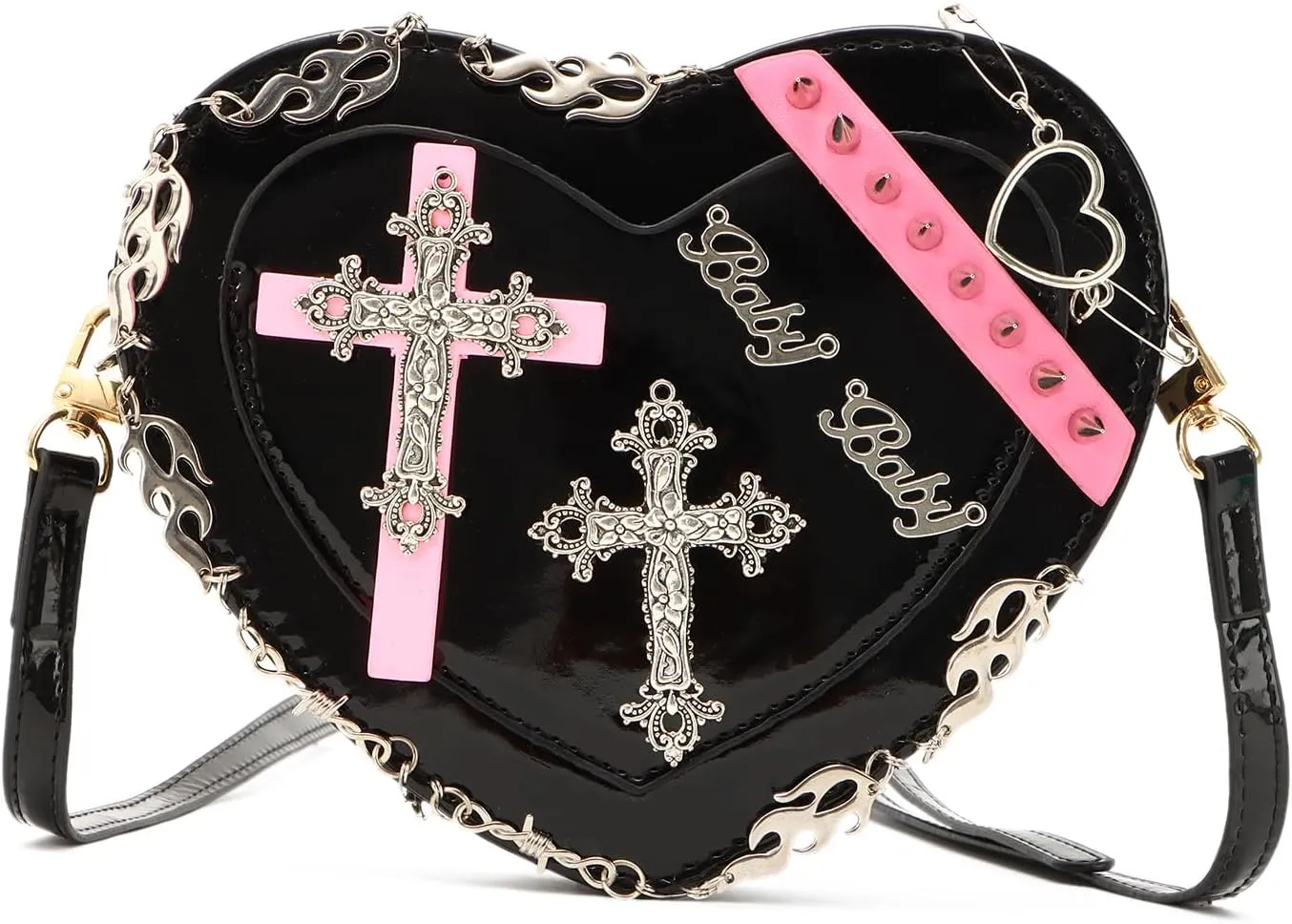 SUKUTU Women Gothic Punk Crossbody Bag Cute Heart Shaped Studded Shoulder Bag Purse