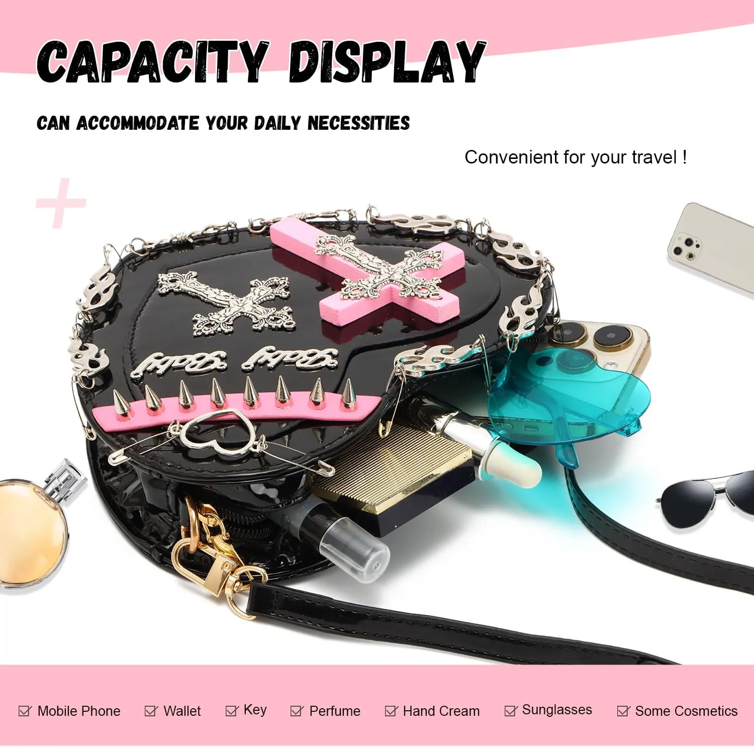 SUKUTU Women Gothic Punk Crossbody Bag Cute Heart Shaped Studded Shoulder Bag Purse