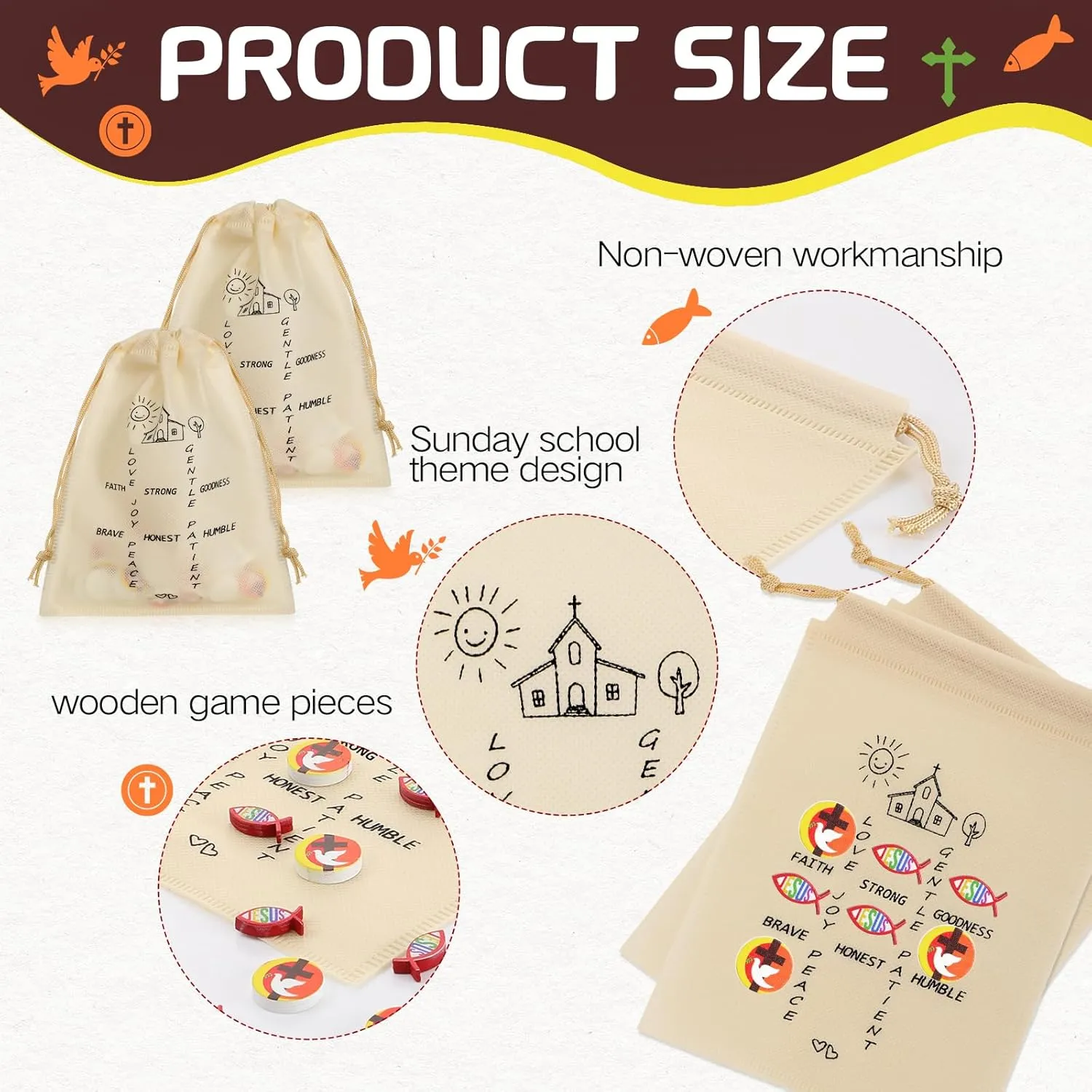 Sumind 36 Set Christian Tic Tac Toe Game Gift for Kids Religious Party Favors with Jesus Bible Mini Wooden Jesus Fish Game Drawstring Bags Sunday School Gifts for Kids Prize Church Supplies