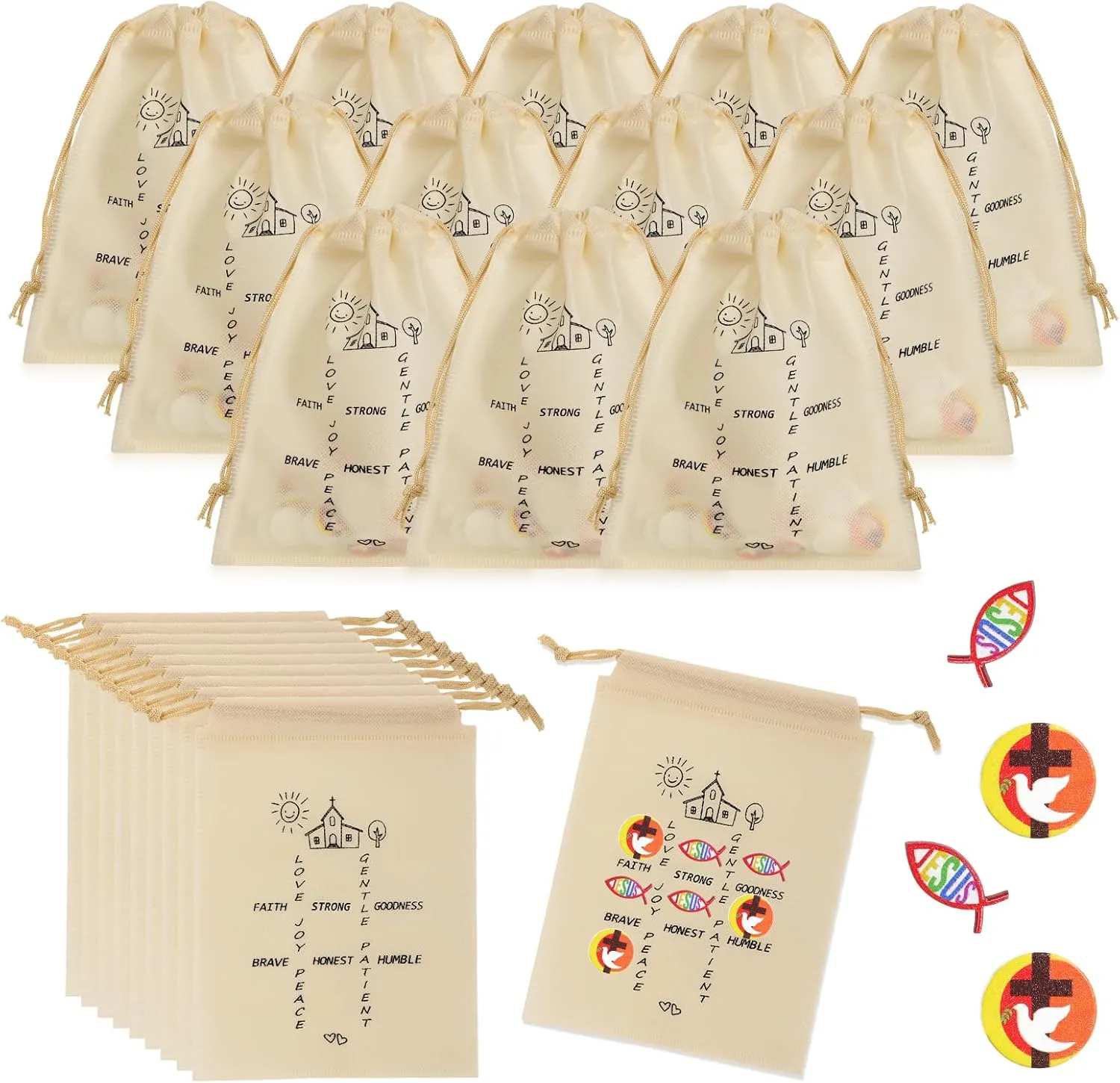 Sumind 36 Set Christian Tic Tac Toe Game Gift for Kids Religious Party Favors with Jesus Bible Mini Wooden Jesus Fish Game Drawstring Bags Sunday School Gifts for Kids Prize Church Supplies