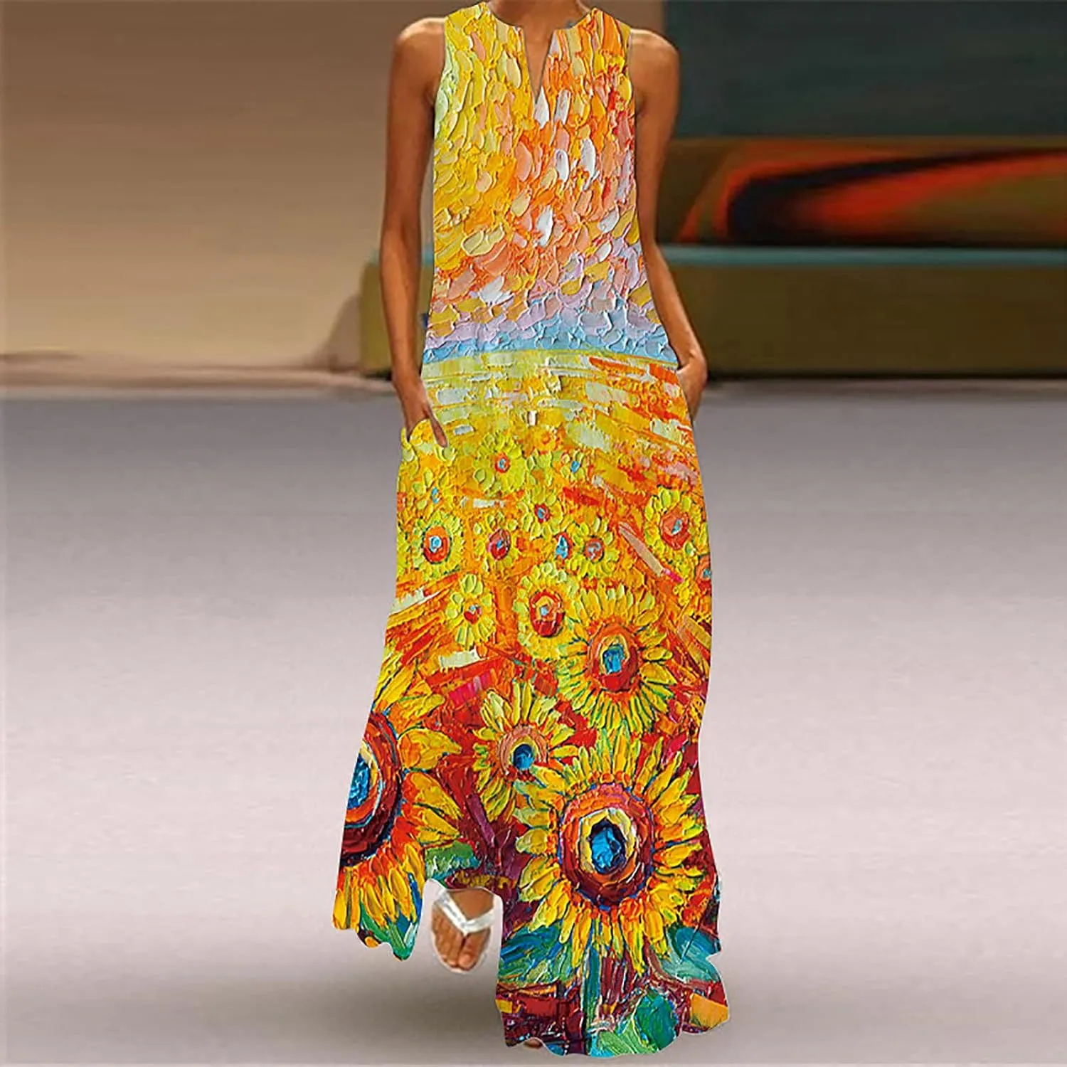 Summer Dresses for Women 2024 Sleeveless Flower Graphic Print Sundress Loose Casual Vintage Maxi Dress