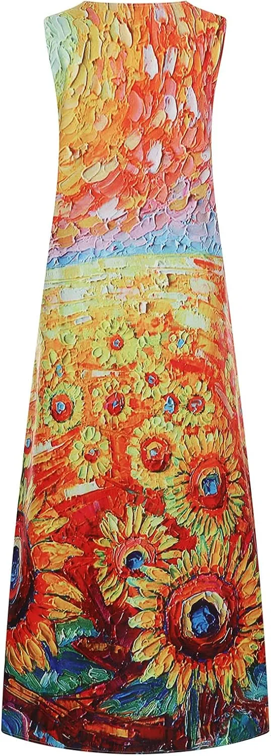 Summer Dresses for Women 2024 Sleeveless Flower Graphic Print Sundress Loose Casual Vintage Maxi Dress