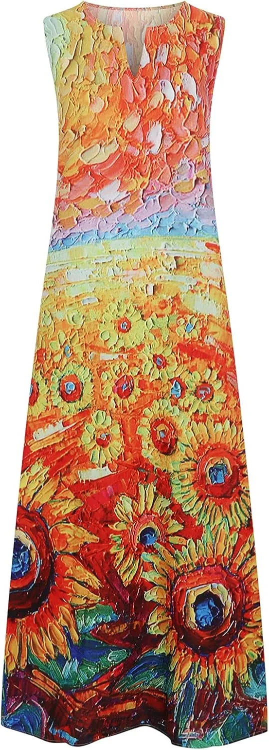 Summer Dresses for Women 2024 Sleeveless Flower Graphic Print Sundress Loose Casual Vintage Maxi Dress