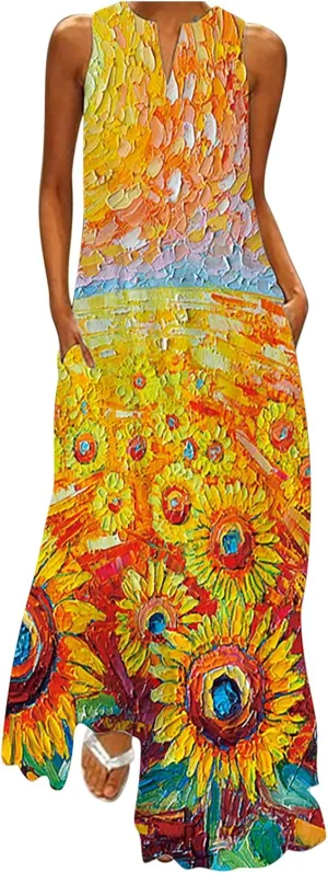 Summer Dresses for Women 2024 Sleeveless Flower Graphic Print Sundress Loose Casual Vintage Maxi Dress