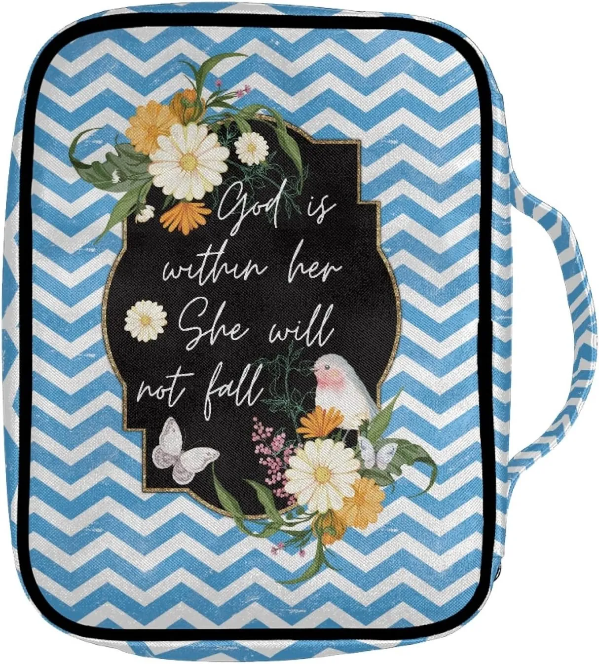 Suobstales Blue Zigzag Flowers Butterfly Pattern Bible Covers for Women Men Bible Case Bible Bag Bible Accessories with Handle and Zipper Pocket Bible Tote Bag