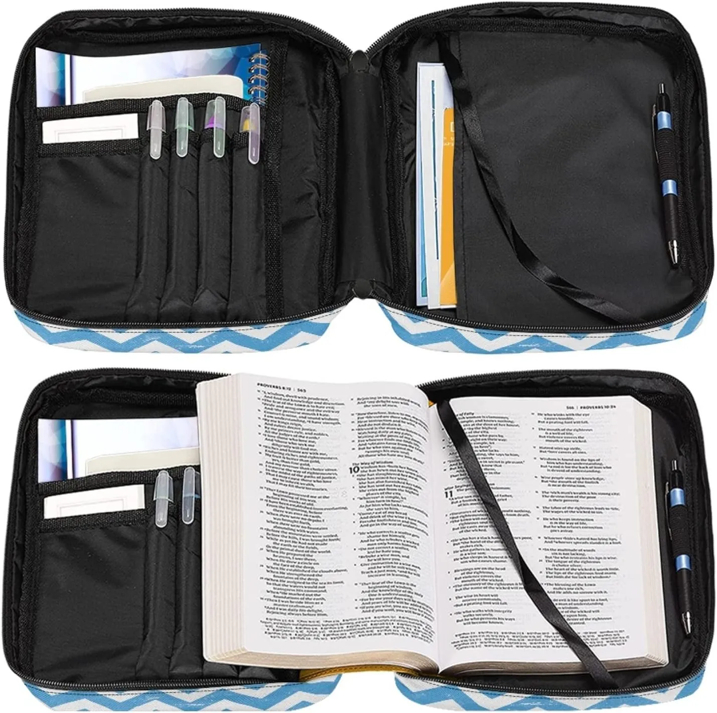 Suobstales Blue Zigzag Flowers Butterfly Pattern Bible Covers for Women Men Bible Case Bible Bag Bible Accessories with Handle and Zipper Pocket Bible Tote Bag